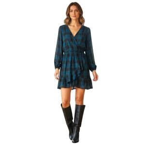 FREE ASSEMBLY  XL-1X Plaid mini wrapdress black,blue,green long Sleeve Pockets